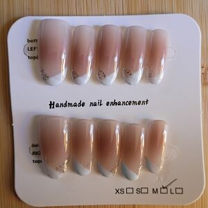 Fancy Oval French Tip Press On Nail With Gold Glitter Accents